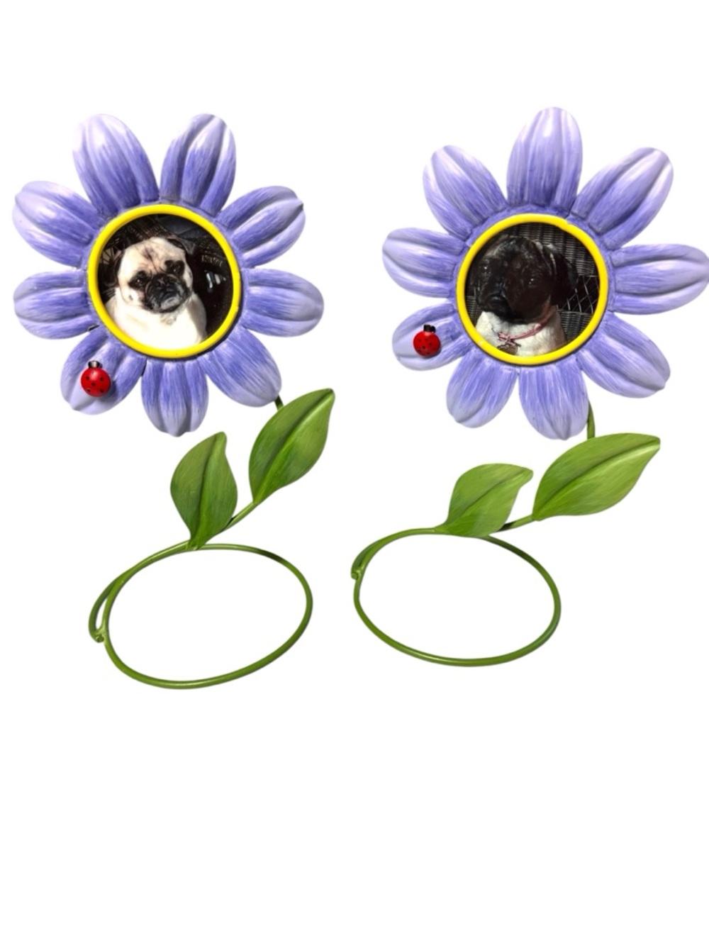 2 Late 90’s Purple Daisies Metal Photo Frames w/Ladybugs 9” Summer 💐